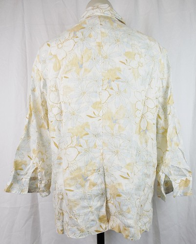 Easy Spirit Tan Floral Print White Button-Front 3/4 Sleeve 100% Linen Shirt 12  - Picture 2 of 2