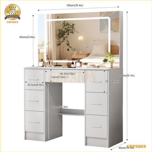 Vanity Table Makeup Dressing Desk With Large Smart LED Mirror 7 Drawers Dresser - Picture 3 of 7