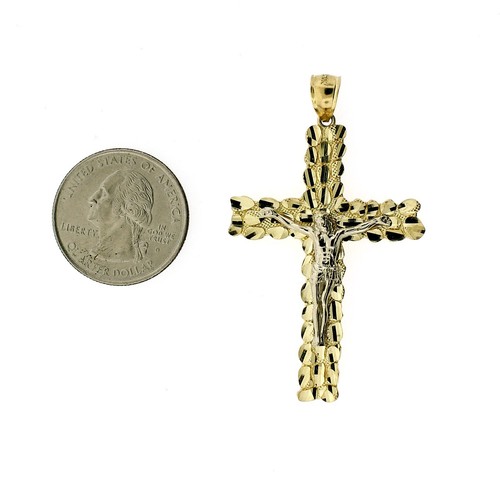 10K Yellow Gold Mens Nugget Cross Pendant Large Diamond Cut Jesus Crucifix Charm - 第 4/9 張圖片