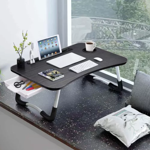 Scrivania Letto Laptop, Pieghevole Lap Desk Vassoio Tavolo con Porta di Ricarica USB, Nero - Foto 5 di 11