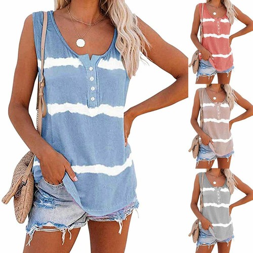 Womens Summer Tie-dye Sleeveless Tank Tops Loose Button T Shirt Blouse Plus Size - Picture 2 of 17