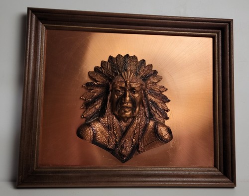 VTG 3D Copper Copperama Native American Chief framed wall plaque signed Victor - Picture 1 of 5