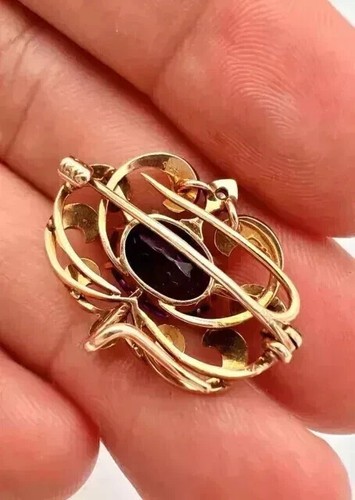 5CT Oval Cut Lab Created Amethyst Women's Brooch Pin 14K Yellow Gold Finish - Picture 4 of 5