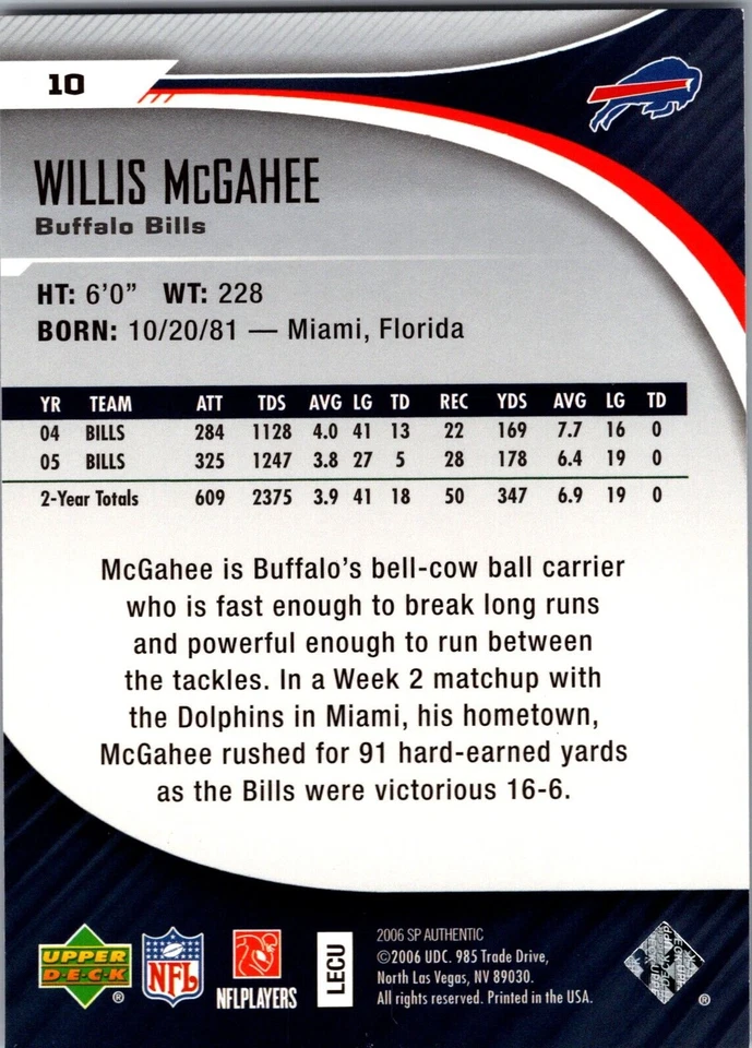 2006 SP Authentic #10 Willis McGahee - Image 2 of 2