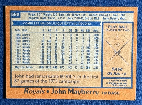 1978 TOPPS #550 JOHN MAYBERRY (KANSAS CITY ROYALS) BASEBALL CARD - Picture 2 of 2