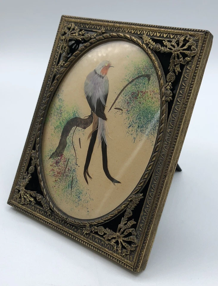 Antigua cinta y arco victoriano alemán enmarcado pluma de pájaro arte popular artesanía en plumas Foto 3 de 4