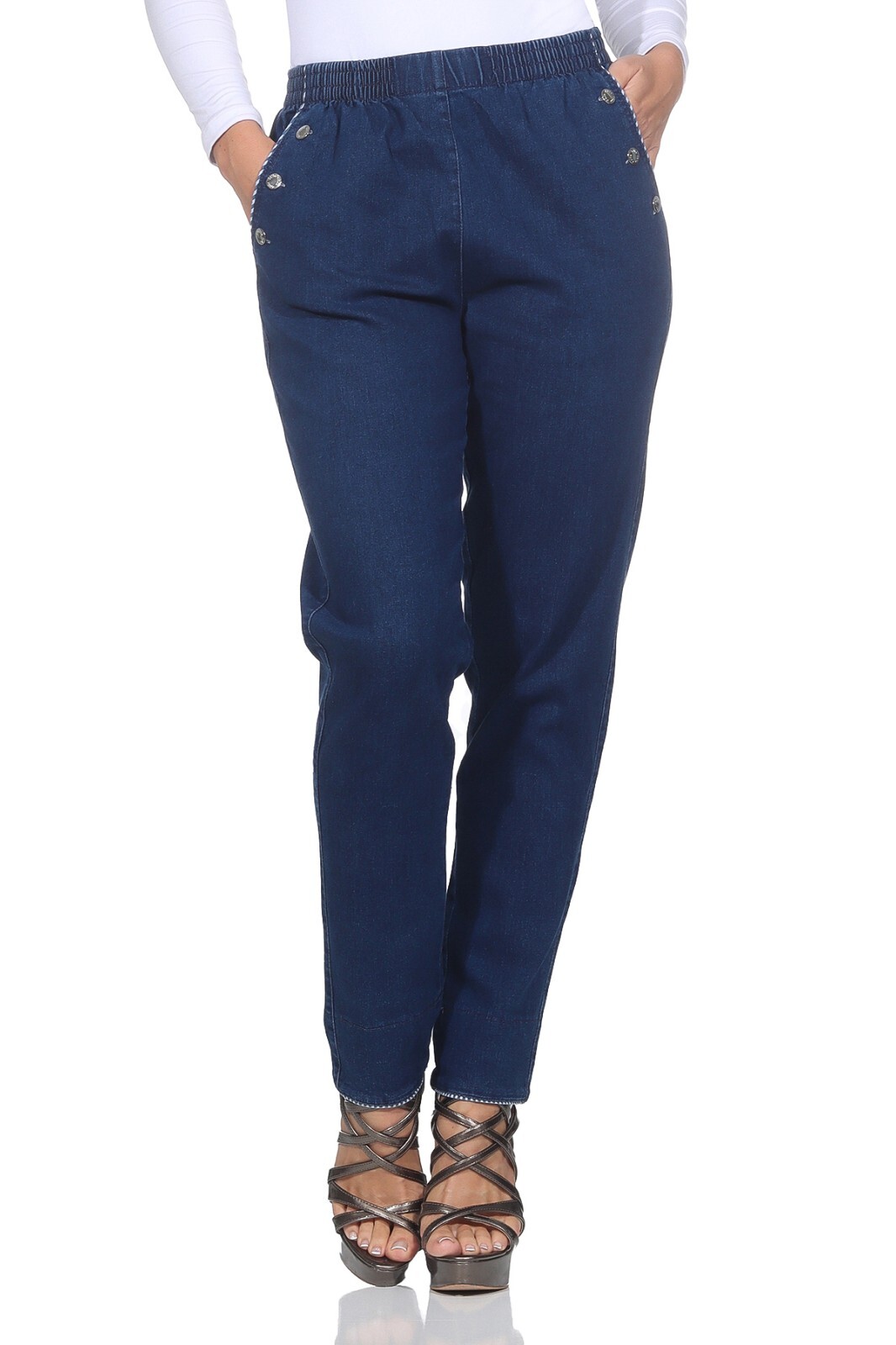 Damen Schlupfjeans Stretch Jeans Gummizug Schlupfhose mit Taschen Krempelhose