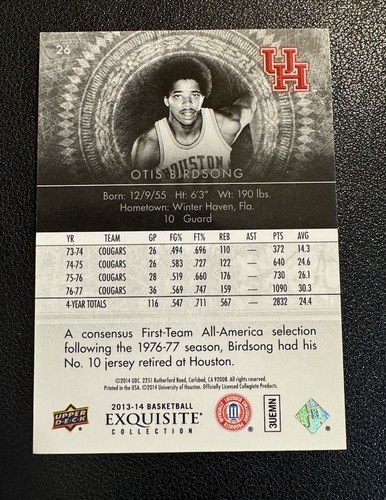 2013-14 Exquisite Collection /75 #26 Otis Birdsong Houston Cougars - Picture 2 of 2