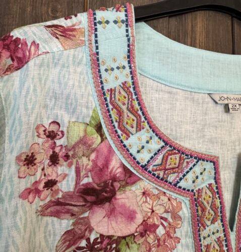 John Mark Plus Size 2X Ice Blue Floral Embroidered Beaded 3/4 Sleeve Tunic Top - Picture 4 of 11