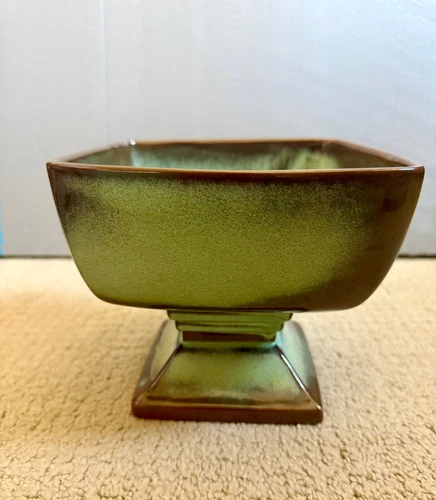 Frankoma Pottery - 7" Square Pedestal Vase -  Prairie Green - Mold 23