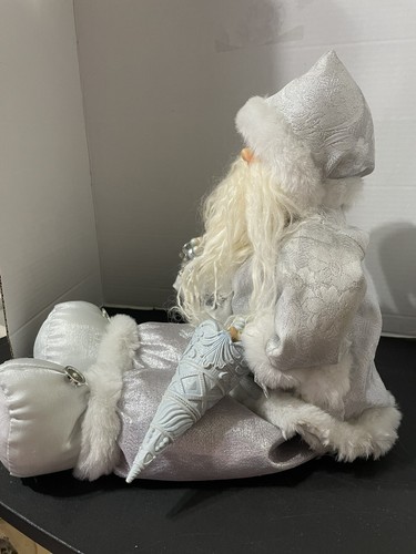 Northlight 16" White Frost Sitting Santa Claus Christmas Figure with Blue Tree - Picture 8 of 8