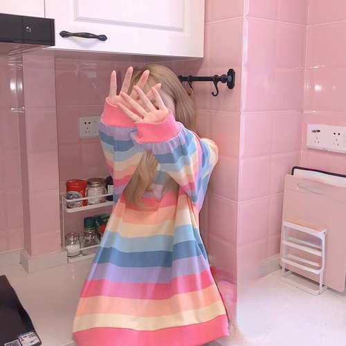 Women Girl Sweatshirt Pullover T-shirt Top Loose Rainbow Striped Casual Cute - Photo 5/10