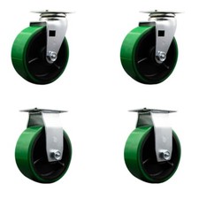 5 Inch Green Poly on Cast Iron Caster Set with Roller Bearings 2 Swivel 2 Rigid