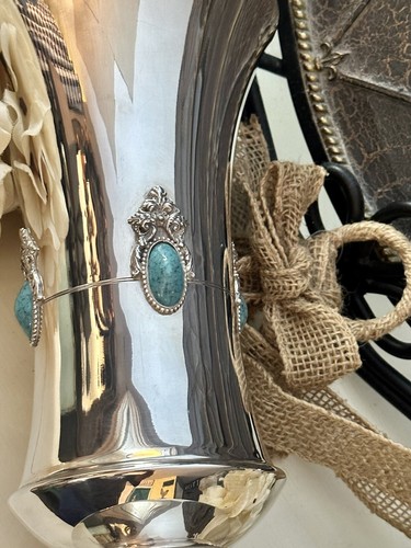 Gorgeous VTG Silverplated/Turquoise Stamped Farco Plat Trumpet Vase Spain 10" - Picture 3 of 18