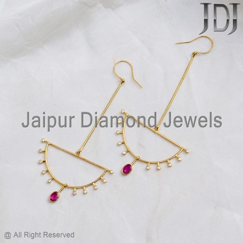 Hook Earring Natural Ruby Gemstone Solid 18k Yellow Gold White Diamond Earring - Picture 5 of 14