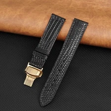 Black Real Lizard Leather Men Watch Band Handmade Gold Deployment Buckle