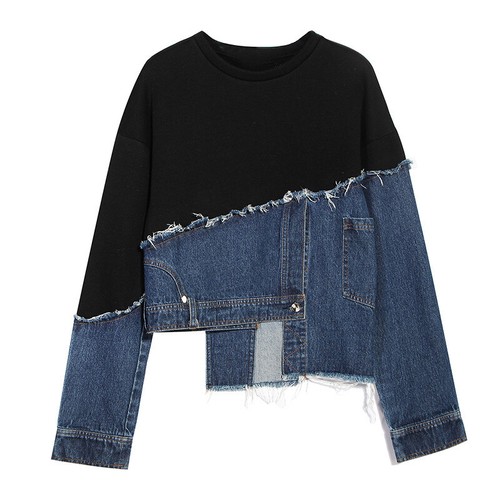 Damen Asymmetrisch Sweatshirt Oberteil Pullover Denim Patchwork Langarm Locker Weich - Bild 1 von 5