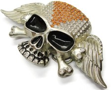 Large Rhinestone White  Orange Covered Skull Belt Buckle