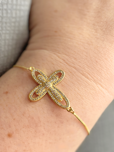 Lujosa pulsera cruzada delicada de oro 18K con piedras cúbicas de circonio - Imagen 5 de 7