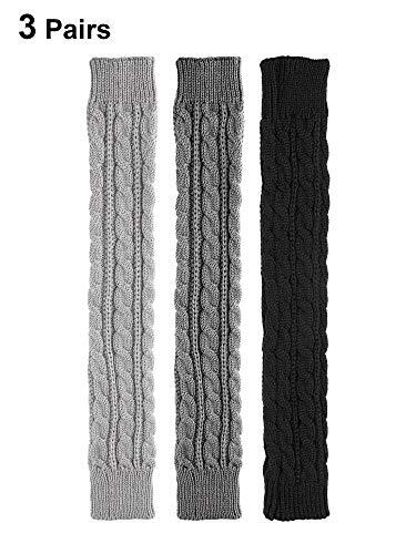 3 Pairs Arm Warmers Long Fingerless Gloves Knit Black, Light Grey, Dark Grey - Picture 5 of 7
