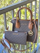 Michael Kors Messenger Crossbody Bag Handbag Purse Brown MK double zip Wallet