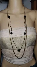 Double Stranded Snake Chain Necklace With Black Beads And Faux Pearl Accents 34"