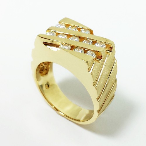 Herren Diamant diagonal rechteckig Kanal Siegelring Ehering Ring 14k Gelbgold - Bild 5 von 12