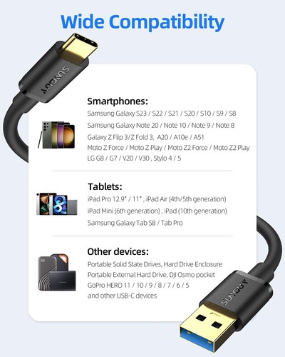 1.5FT USB C to A Cable 10Gbps Data Transfer, 3A Fast Charge for CarPlay & Androi - Picture 6 of 8
