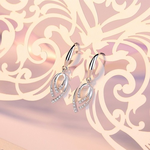 925 Sterling Silver Crystal Leave Drop Hook Earrings Womens Girls Jewellery Gift - Picture 3 of 5