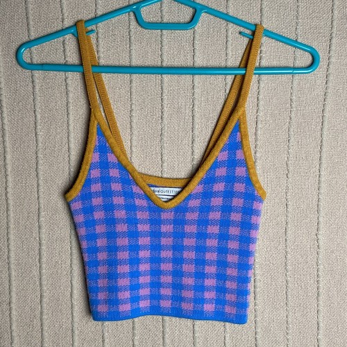 Checkered Crop Knit Shirt Womens Small Blue Festival Urban Outfitters Tank - Picture 12 of 12