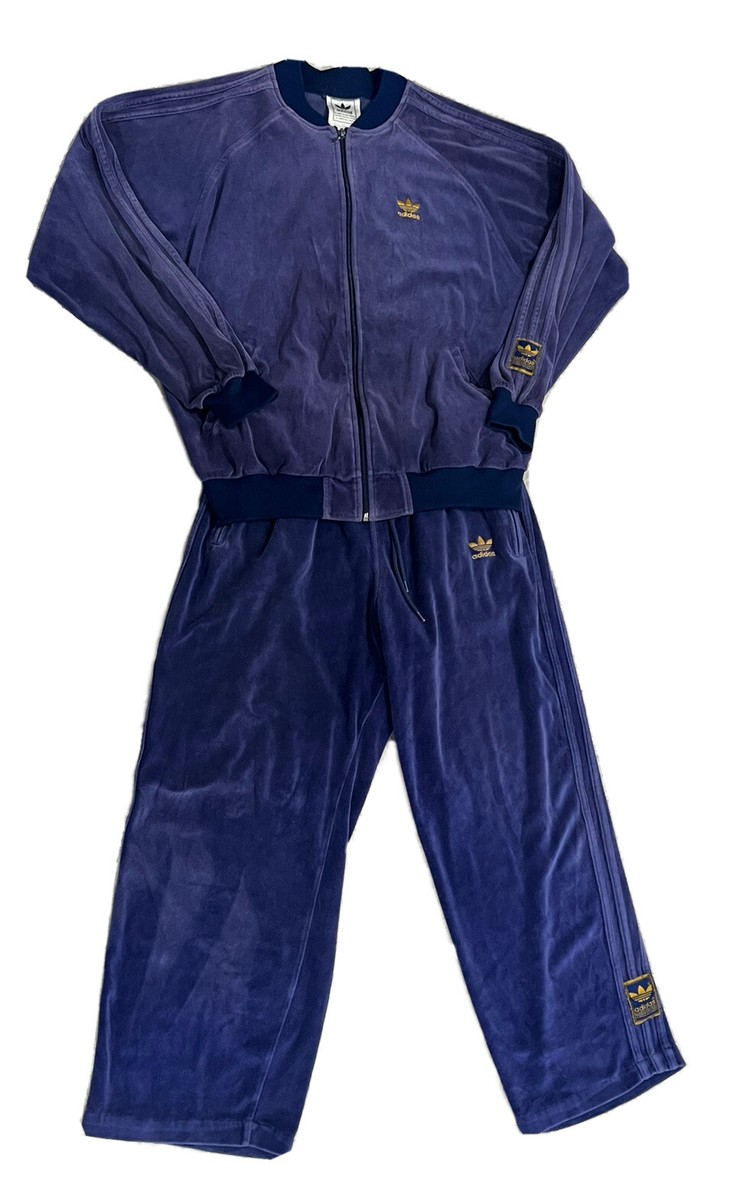 Adidas Velour Vintage 90s Blue Gold Rare Trefoil Tracksuit Adidas Velour Vintage 90s Blue Gold Rare Trefoil Tracksuit