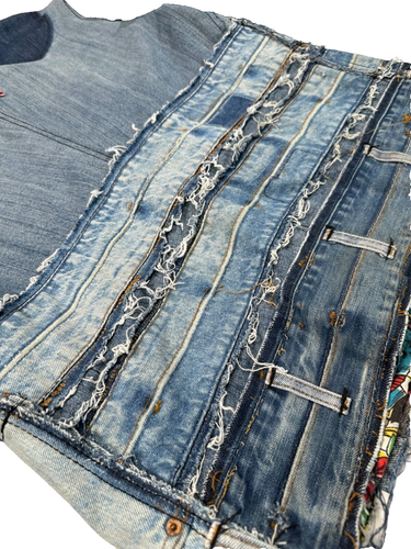 Junker Designs Mens Blue Denim Vintage Patchwork Jacket Custom Rare Patches 3XL - Picture 13 of 17