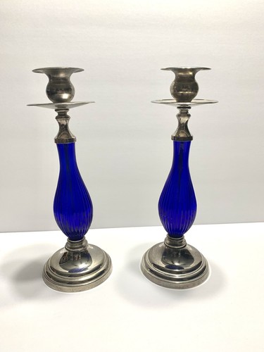 Vintage Cobalt Blue Glass and Metal Candleholders Candle Sticks 10 In