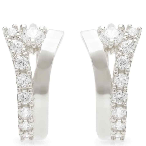 14K White Gold Fancy Huggie Hoop Earrings 0.5" with 0.20CTW Gem Accents - Picture 1 of 5