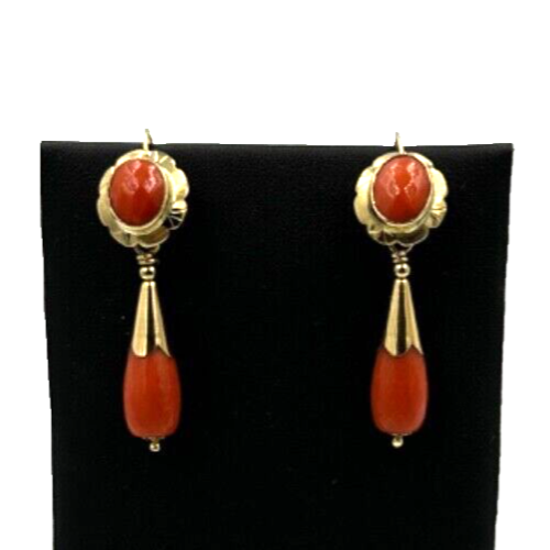Vintage '60s Solid 18K Gold Mediterranean Coral Earrings - Picture 1 of 12