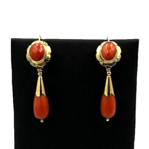 Pendientes Largos Con Coral de Oro Macizo 18K Vintage '60 Made in Italy - Imagen 1 de 12