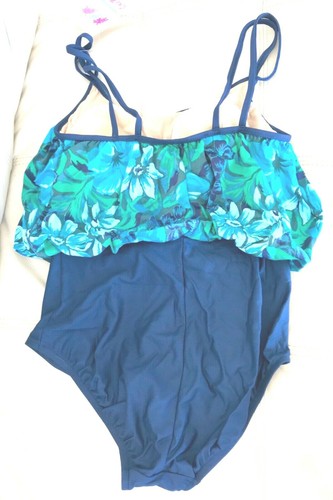 Blue Floral 1 Pc Bathingsuit Sz 8 and Blue Tan Lrg Brim Sun Hat 1 Sz Fits All - Picture 3 of 9