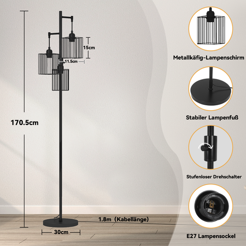 Stehleuchte Stehlampe Wohnzimmer LED stufenlos dimmbare Leselampe mit 3 Schirmen - Bild 4 von 8