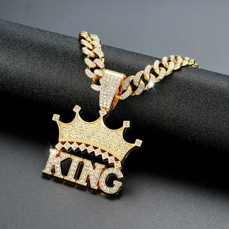 ミュージシャン CROWN NECKLACE GOLD King Crown Gold Plated Pendant & Iced Cubic Zirconia Chain