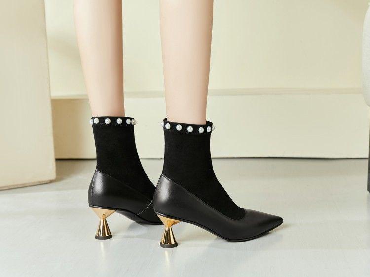 Womens Pointed Toe Pull On Mid Kitten Heel Boots Leathe Splice Sock shoes beads Womens Pointed Toe Pull On Mid Kitten Heel Boots Leathe Splice Sock shoes beads