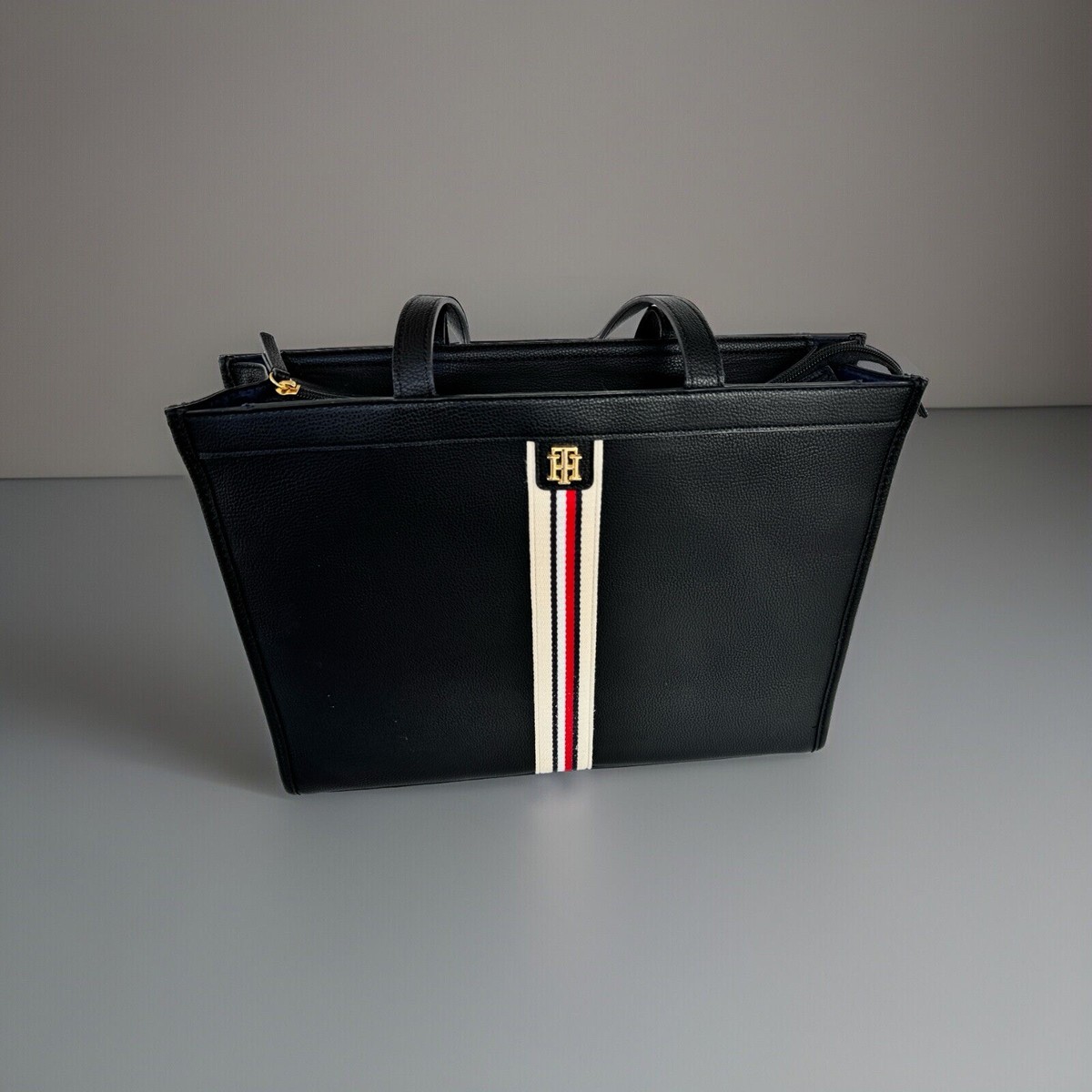 TOMMY HILFIGER BLACK, LIGHT,  MAN MADE LEATHER, ZIPPER CLOSURE, LARGE TOTE BAG.