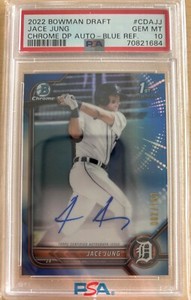 2022 BOWMAN CHROME DRAFT JACE JUNG BLUE REFRACTOR 1ST AUTO #62/150 PSA 10 TIGERS