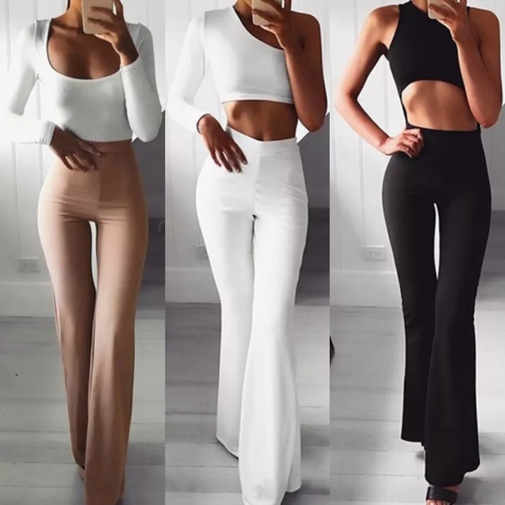 Women Solid High Waist Flare Wide Leg Chic Trousers Bell Bottom Yoga Pants