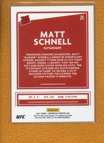 Matt Schnell 2021 Panini Chronicles UFC Donruss Rated Rookie Asia RC #23 - Picture 2 of 2