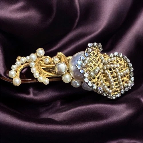 Magnificent Rare Miriam Haskell Signed Brooch Gold Filigree Faux Baroque Pearls