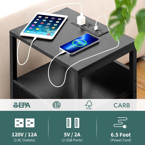 Nightstand with Charging Station, LED Night Stand with Fabric Drawers and Sto... - Picture 5 of 9