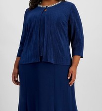 Alex Evenings Women's Blue Metallic Embellished Neck Jacket Plus Size 22W