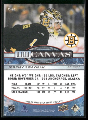 2025-26 Upper Deck Serie 1 - Ud Canvas Jeremy Swayman #C-62 - Foto 2 di 2
