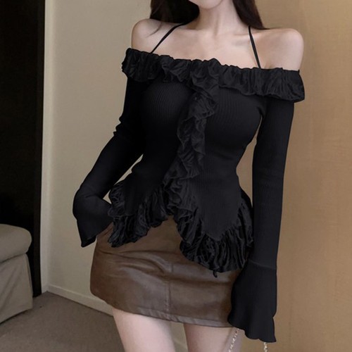 Slim Fit Long Sleeve One Shoulder Sweater with Ruffles for Daily Commuting - Picture 2 of 18