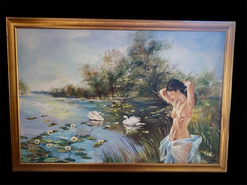 Dipinto su Tela con Cornice - Scena Romantica con Donna e Cigni - 93 x 133 cm - Picture 3 of 14